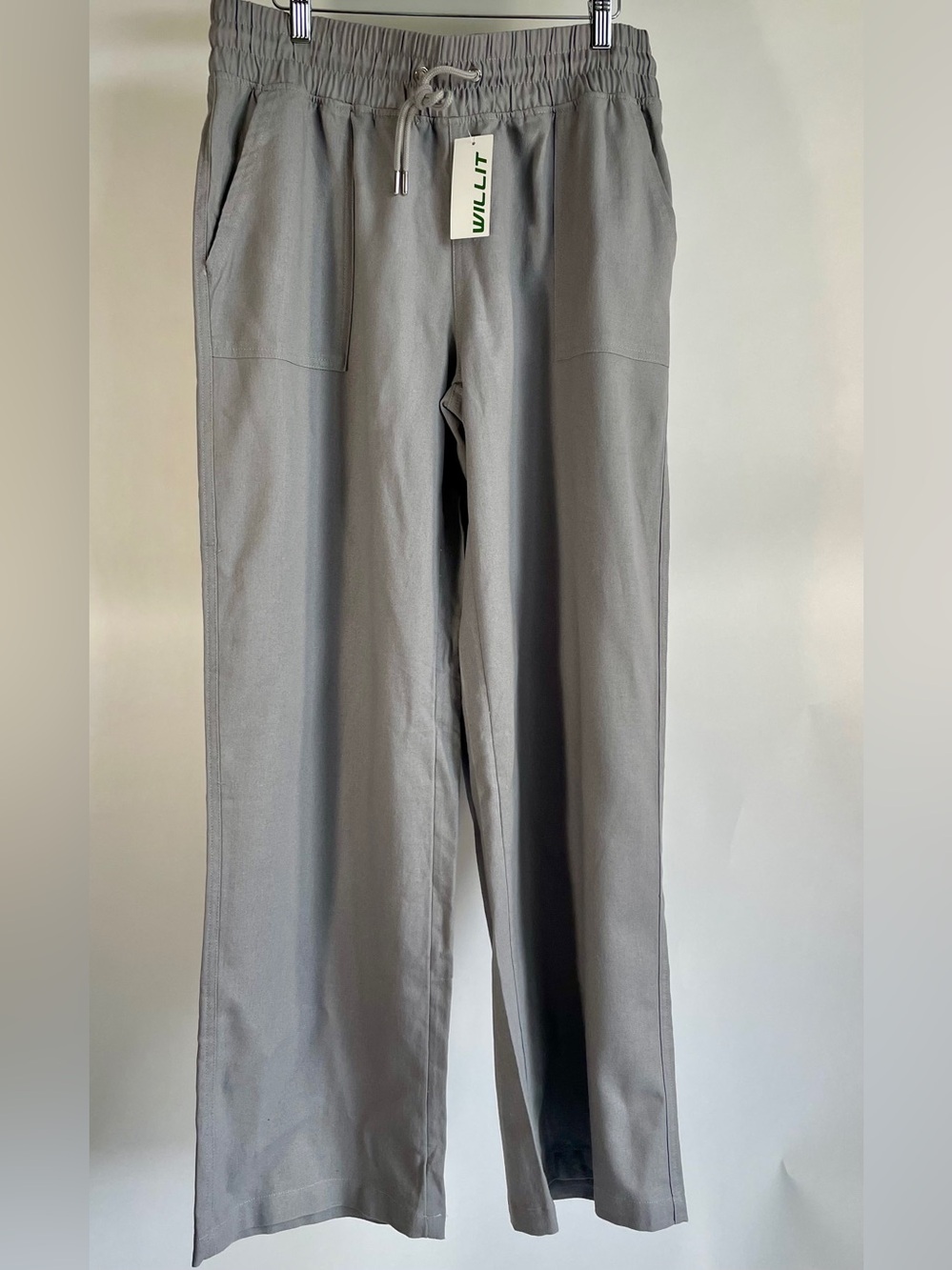 Linen Cotton Blend Wide Leg Pants Large 31” Inseam Gray Drawstring Pull-On